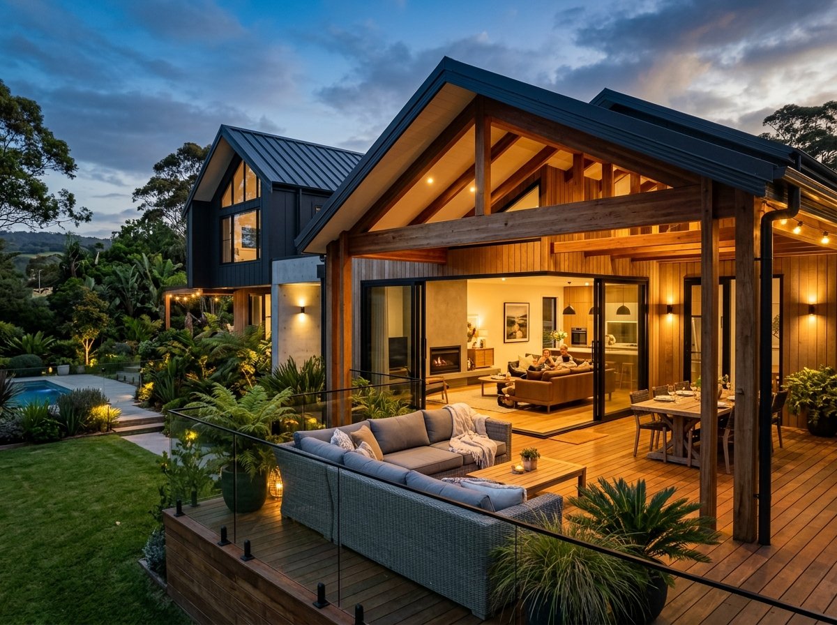 Modern luxury architectural home patio with timber deck and evening lighting