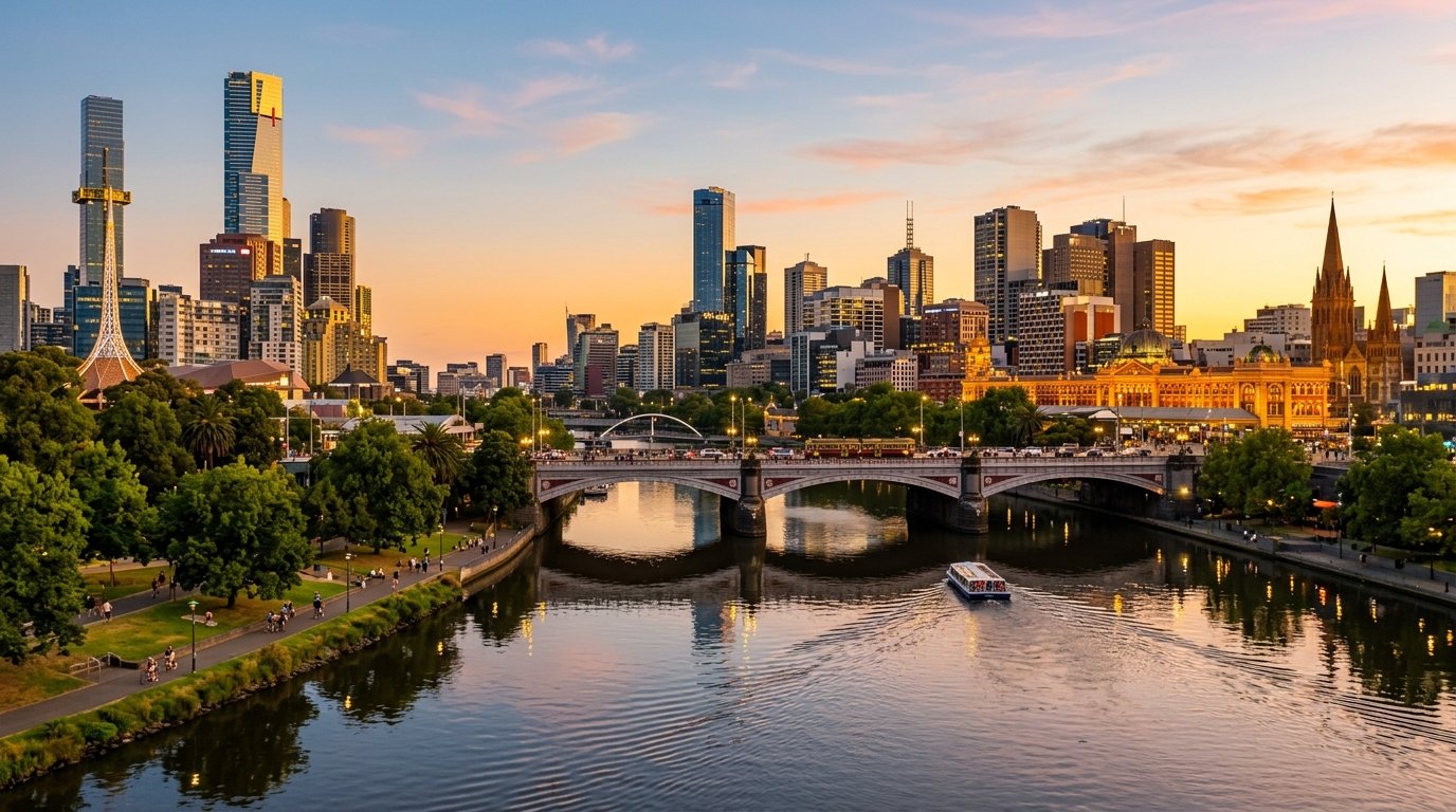 Panoramic view of Melbourne skyline and Princes Bridge over Yarra River at golden hour sunset